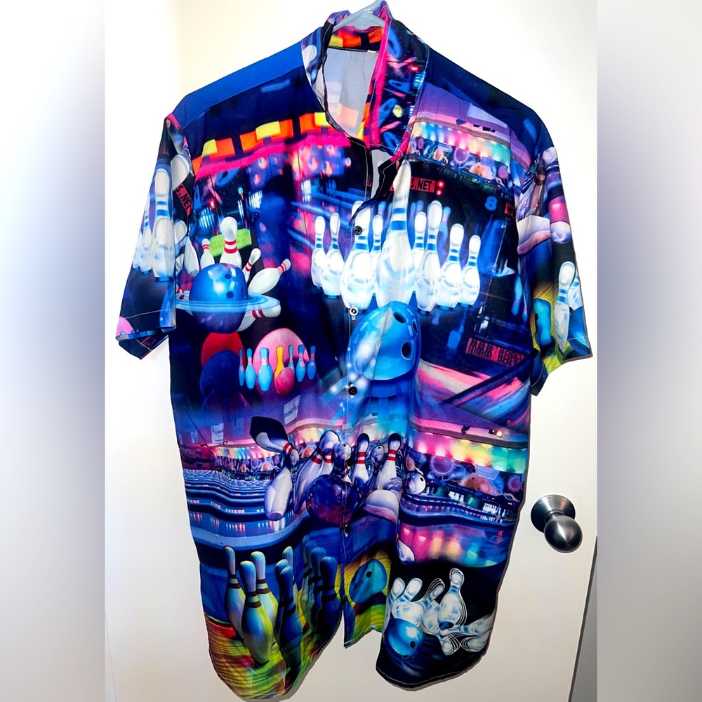 Vibrant Blue Bowling Graphic Men's Shirt size L